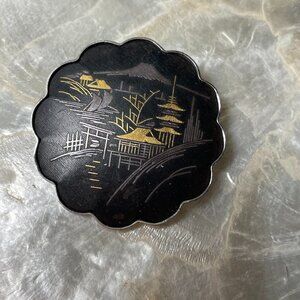 Vintage Amita Japan Damascene Village Pagoda Mountain Scene Sterling